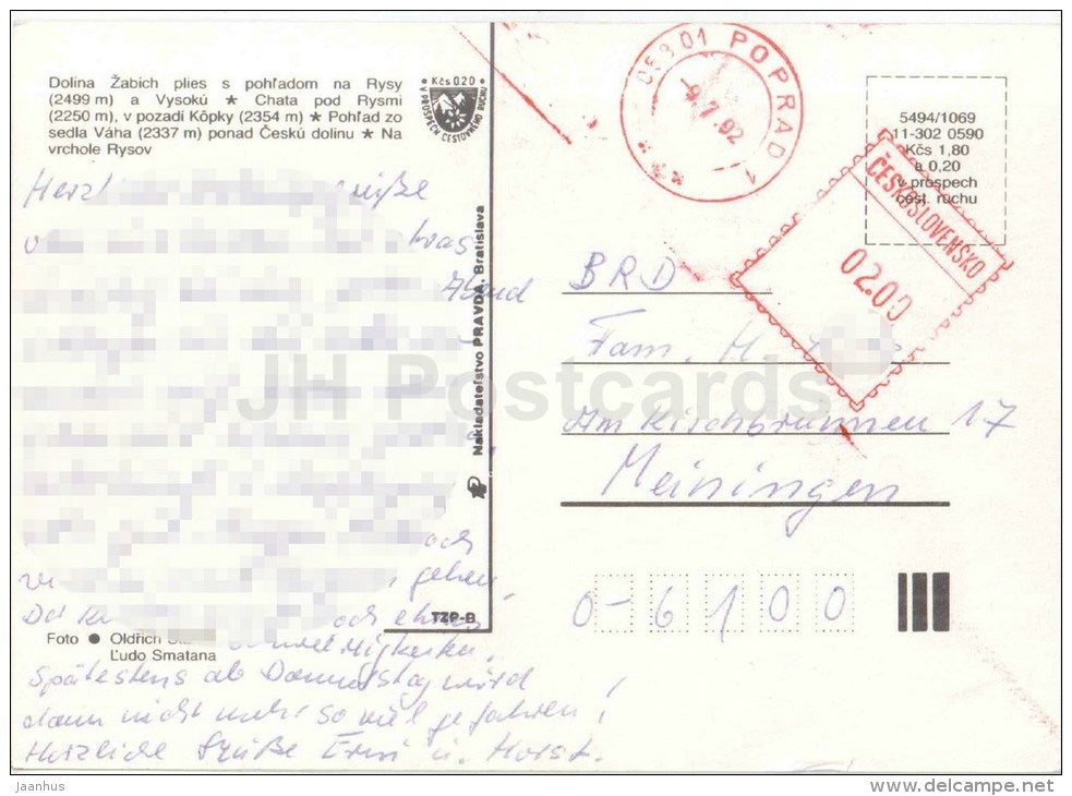 Rysy - Zabich valley - cottage - Vaha - Czechoslovakia - Slovakia - used 1992 - JH Postcards