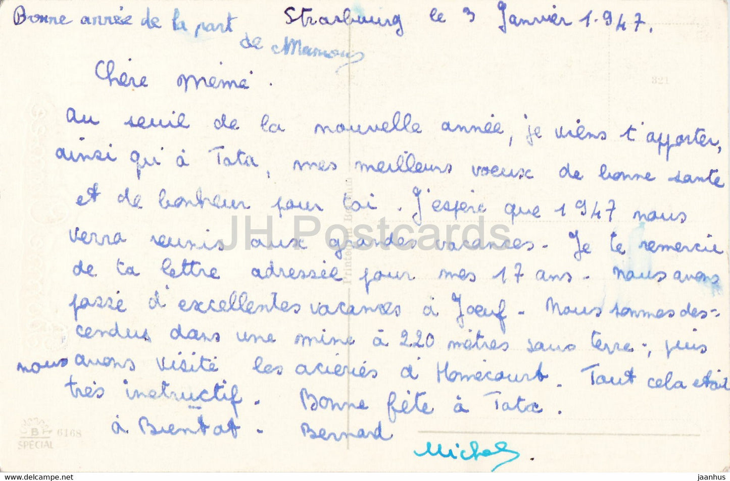 Birthday Greeting Card - Bonne Annee - gladiolus - pansy - old postcard - 1947 - France - used
