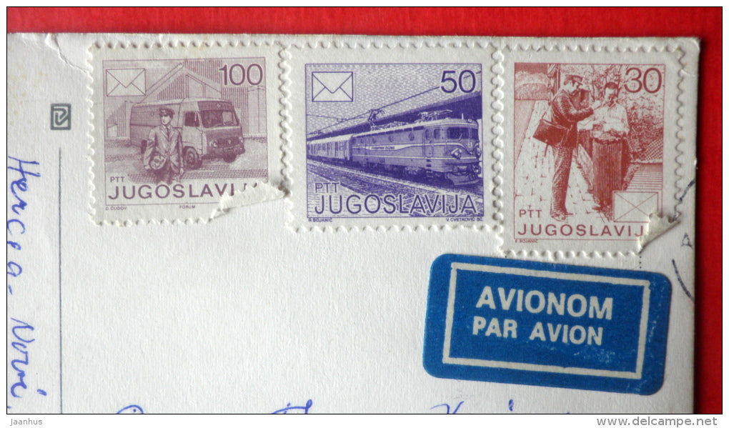 streets - cannon - train - Herceg Novi - Montenegro - Yugoslavia - sent from Yugoslavia to Estonia USSR 1987 - JH Postcards