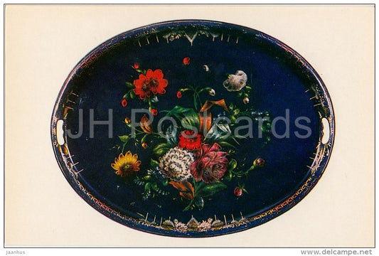 Tray by O. Burbyshev - Spray of Flowers on a Blue Ground - Russian Hand-Painted Trays - 1981 - Russia USSR - unused - JH Postcards