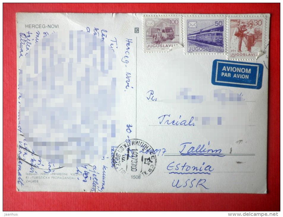 streets - cannon - train - Herceg Novi - Montenegro - Yugoslavia - sent from Yugoslavia to Estonia USSR 1987 - JH Postcards