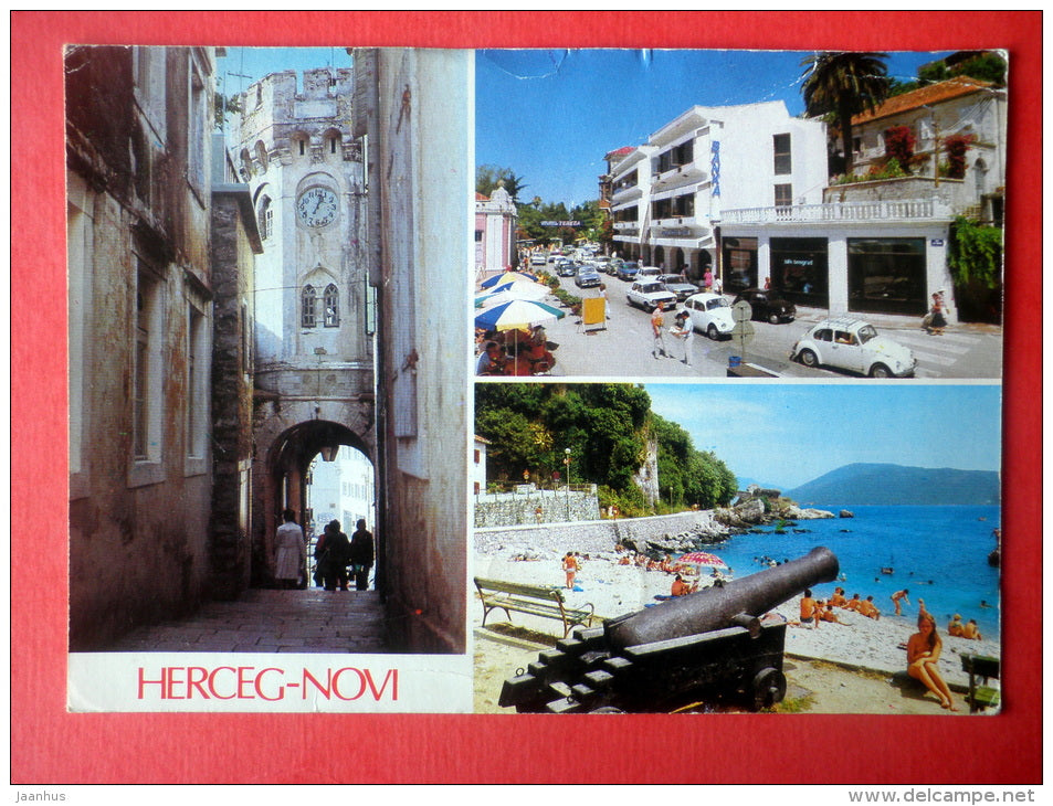 streets - cannon - train - Herceg Novi - Montenegro - Yugoslavia - sent from Yugoslavia to Estonia USSR 1987 - JH Postcards