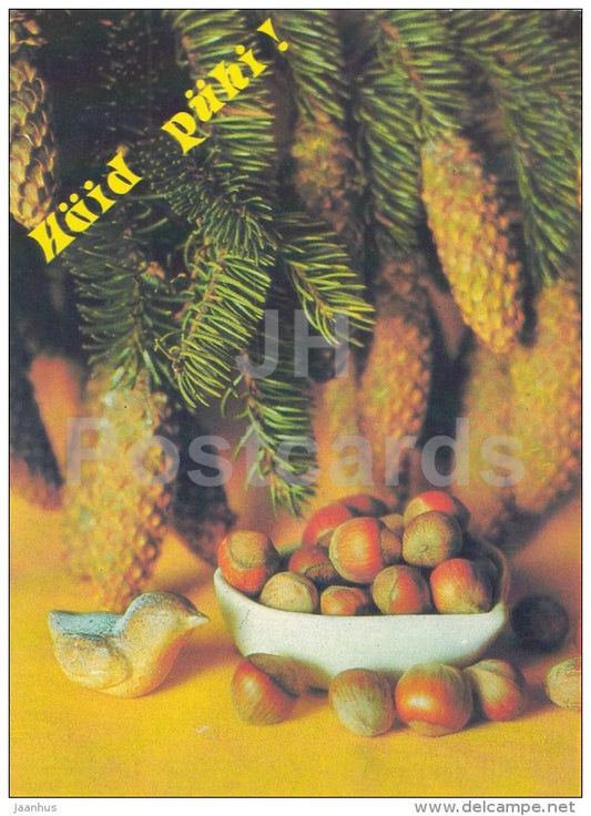 New Year Greeting card - 2 - cones - nuts - postal stationery - 1990 - Estonia USSR - used - JH Postcards
