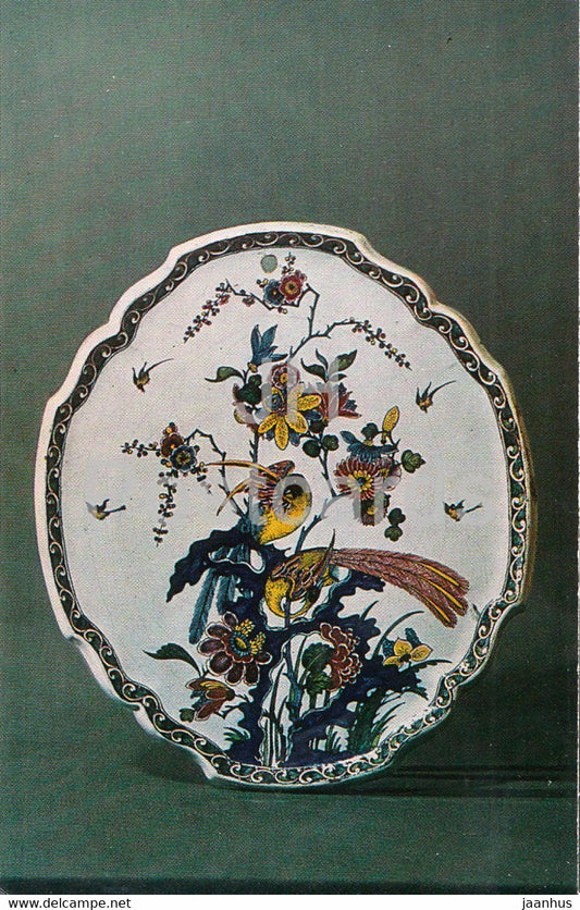 Plaque with the image of a flowering bush and birds - 1 - Faience - Delftware - 1974 - Russia USSR - unused - JH Postcards