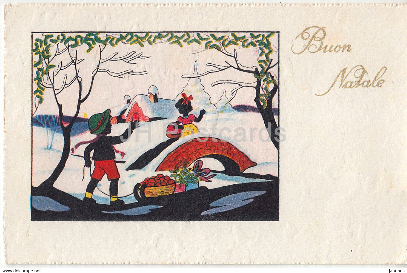 Christmas Greeting Card - Buon Natale - children - winter - silhouette - FB 875 - old postcard - 1938 - Italy - used - JH Postcards