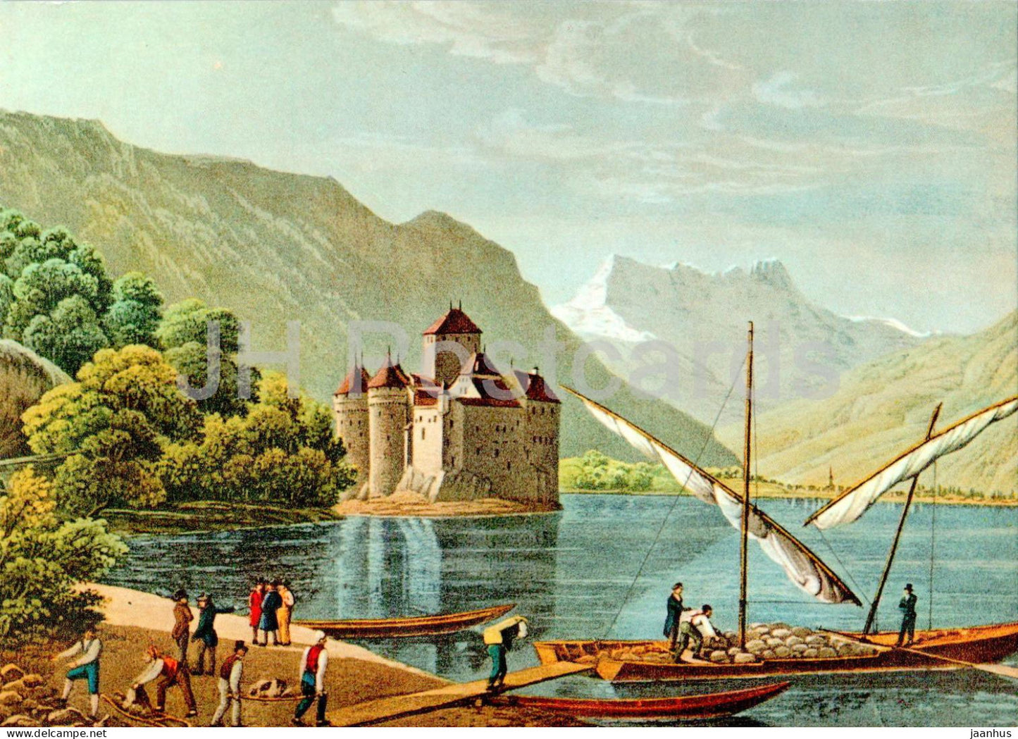 Le Chateau de Chillon et les Dents du Midi - gravure - castle - boat - painting - GA 30 - Switzerland - unused - JH Postcards