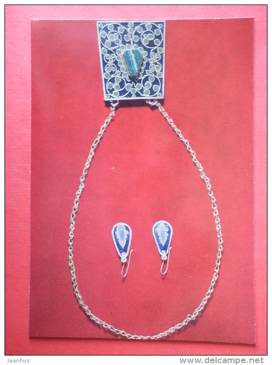Pendant and ear-rings , silver , by M. Kutateladze - Georgian Chasing - 1974 - USSR Georgia - unused - JH Postcards