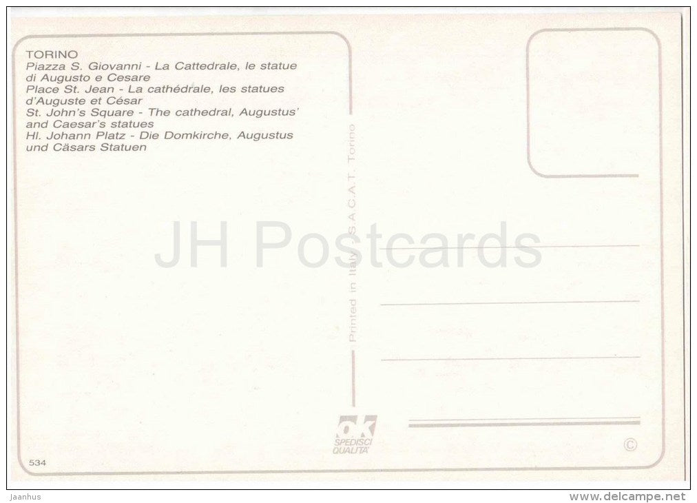 Piazza S. Giovanni , La Cattedrale , le statue di Augusto e Cesare - Torino - Piemonte - 534 - Italia - Italy - unused - JH Postcards