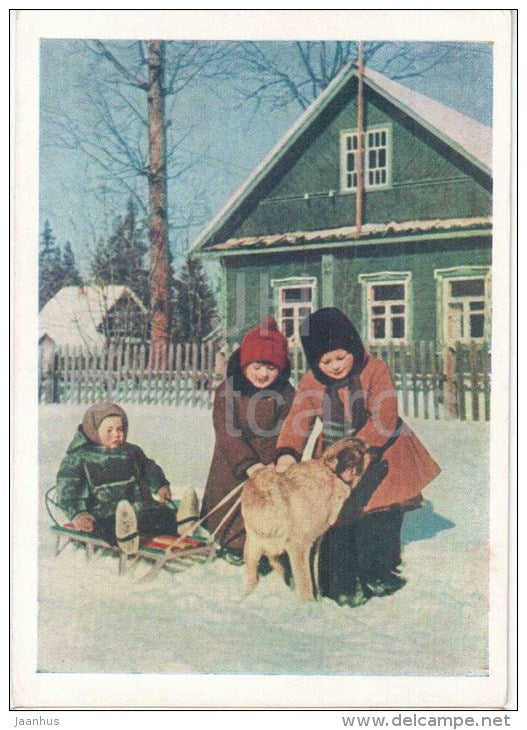 children - dog - sledge - 1956 - Russia USSR - unused - JH Postcards