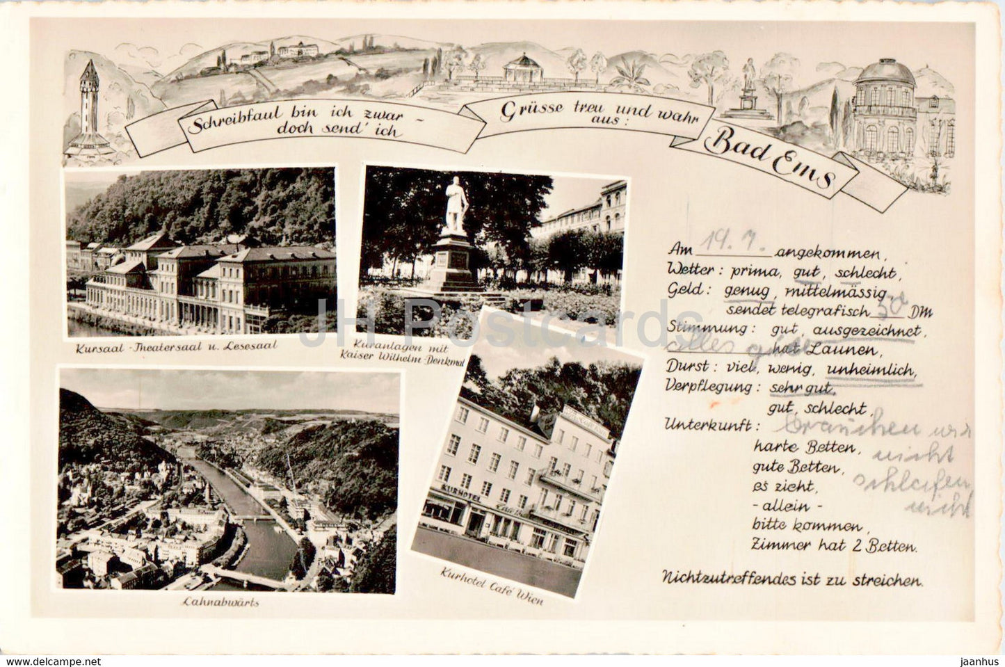 Grusse aus Bad Ems - Kursaal - Lahnabwarts - Kurhotel - old postcard - 1952 - Germany - used - JH Postcards