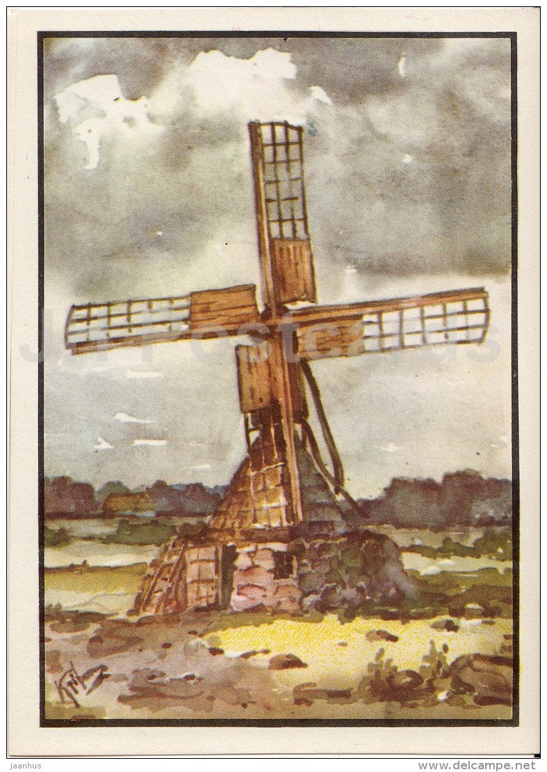illustration by K. Tihase - Trestle Windmill - Muhu island - Estonian farm buildings - 1974 - Estonia USSR - unused - JH Postcards