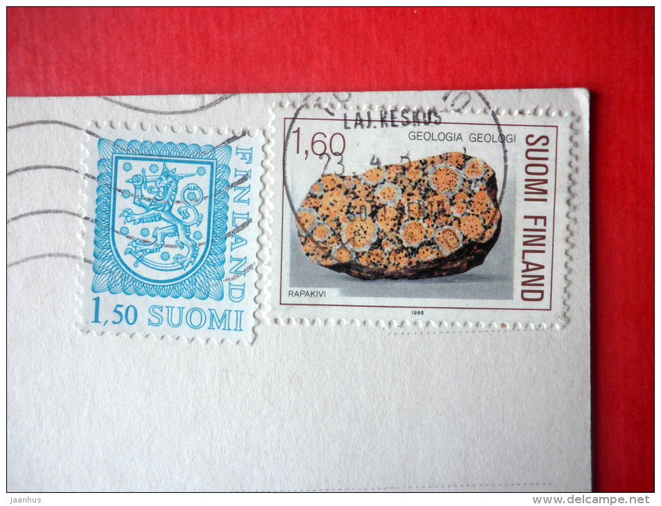 Easter Greeting Card by Leila Myllymäki - hare - swing - dandelion - Finland - sent from Finland to Estonia USSR 1986 - JH Postcards