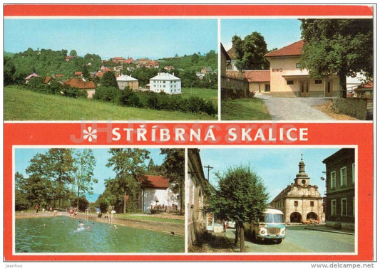 Stribrna Skalice - cinema - swimming pool - Town Hall - bus - Czechoslovakia - Czech - used 1979 - JH Postcards