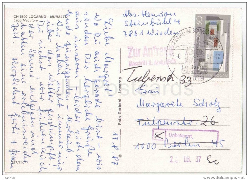 Lago Maggiore - lake - Muralto - Locarno - Ticino - 617/7407 - Switzerland - circulated in Germany 1987 - JH Postcards