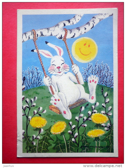 Easter Greeting Card by Leila Myllymäki - hare - swing - dandelion - Finland - sent from Finland to Estonia USSR 1986 - JH Postcards