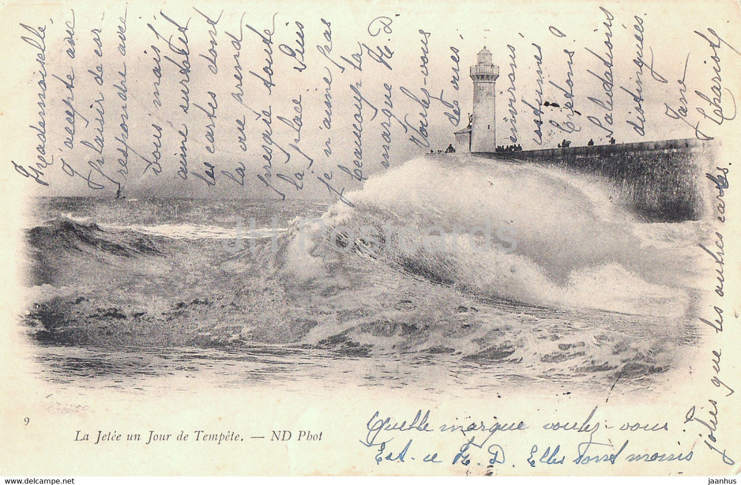 La Jetee un Jour de Tempete - 9 - lighthouse - old postcard - 1902 - France - used - JH Postcards