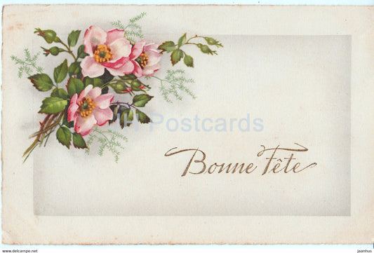 Birthday Greeting Card - Bonne Fete - flowers - BR - illustration - old postcard - 1937 - France - used - JH Postcards