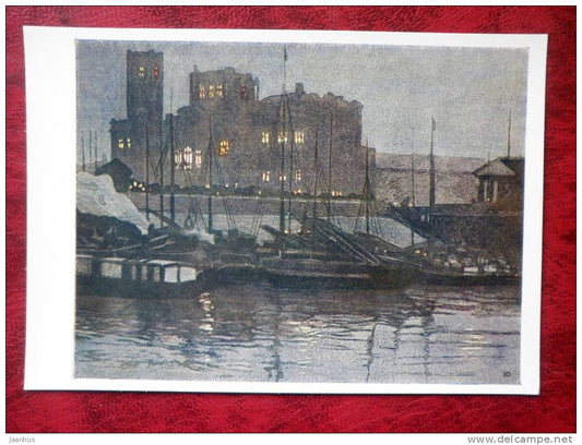 Engraving by Ivan Pavlov - Astrakhan - boats - art - postcard printed in 1958 - Russia - USSR - unused - JH Postcards