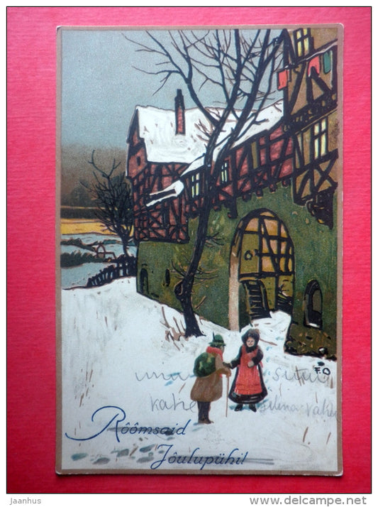 christmas greeting card - winter - house - old postcard - circulated in Estonia - JH Postcards