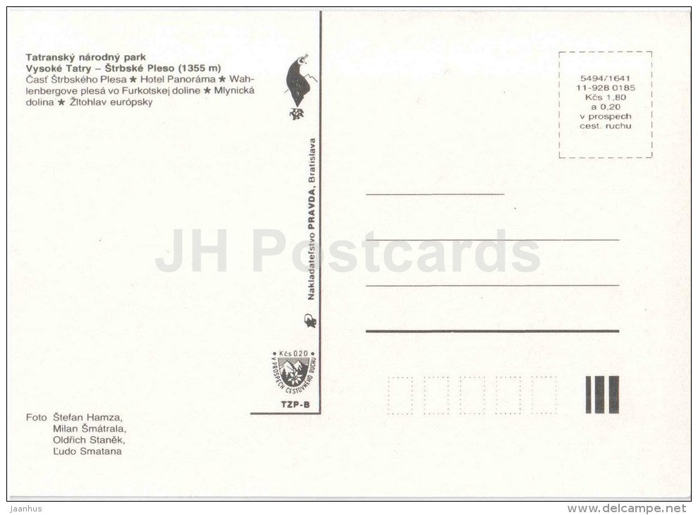 Vysoke Tatry - High Tatras - Strbske Pleso - Mylnicka valley - hotel Panorama - Czechoslovakia - Slovakia - unused - JH Postcards