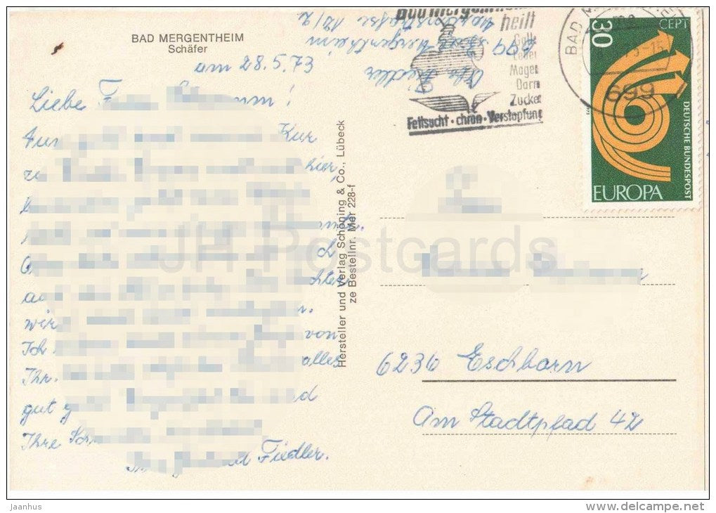Bad Mergentheim - Schäfer - shepherd sculpture - EUROPA CEPT - Germany - 1973 gelaufen - JH Postcards