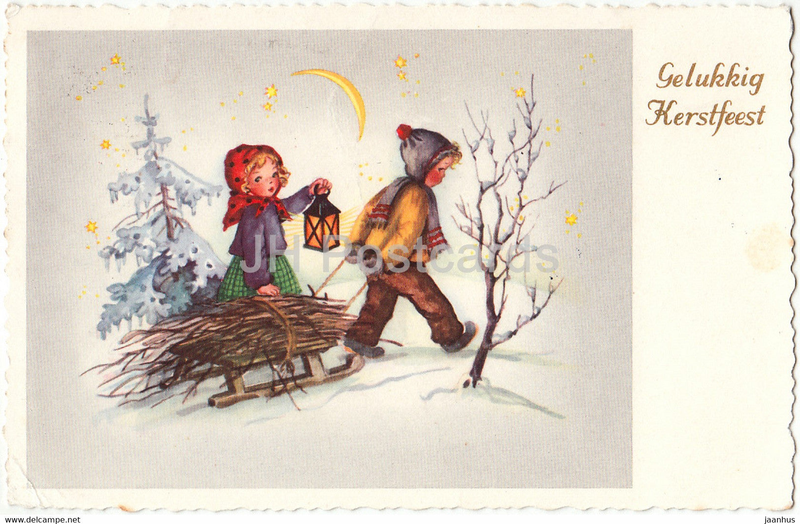Christmas Greeting Card - Gelukkig Kerstfeest - boy and girl - sledge - old postcard - 1950s - Netherlands - used - JH Postcards