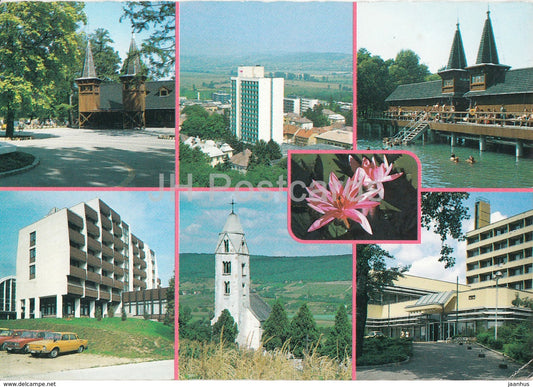 Heviz - spa - hotel - cars - water lily - multiview - 1986 - Hungary - used - JH Postcards