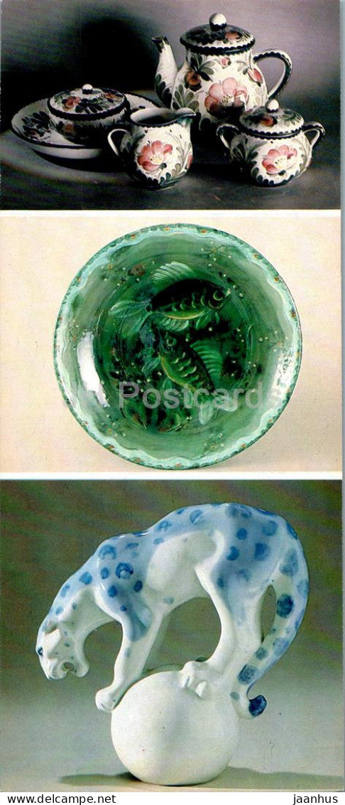 tea set - plate - panther figurine - porcelain and faience - applied art - Russian art - 1984 - Russia USSR - unused - JH Postcards