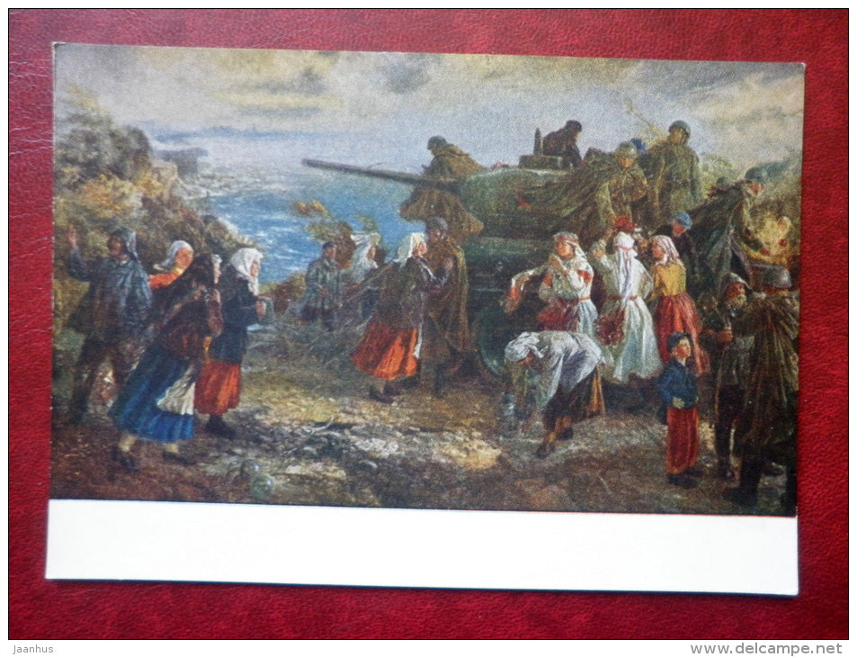 Painting by Evald Okas - Soviet Estonia liberation - tank - estonian art - unused - JH Postcards