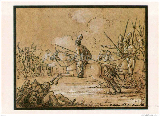 painting by F. Tolstoy - Detachment of Cossacks attacked the French Battery - cannon - art - 1984 - Russia USSR - unused - JH Postcards