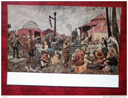 Painting by B. V. Johanson - railway station in 1919 , 1928 - russian art - unused - JH Postcards