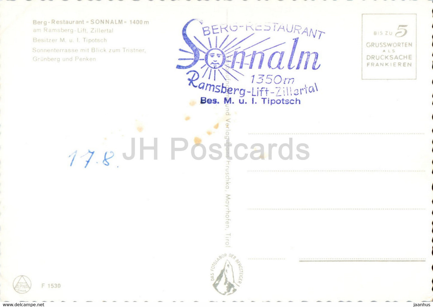Berg Restaurant Sonnalm 1400 m - am Ramsberg Lift - Zillertal - Austria - unused