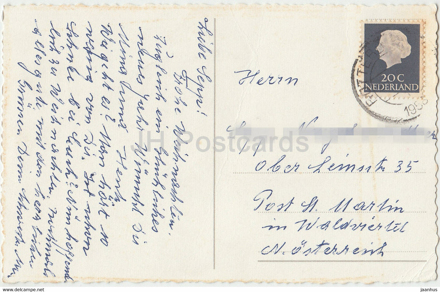 Christmas Greeting Card - Gelukkig Kerstfeest - boy and girl - sledge - old postcard - 1950s - Netherlands - used