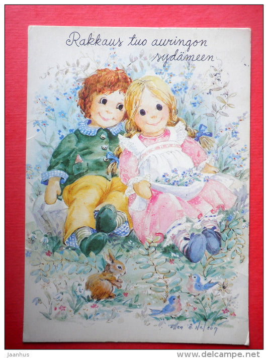 illustration by Ellen A. Nelson - girl and boy - hare - bird - 4685/4 - Finland - sent from Finland to Estonia USSR 1983 - JH Postcards