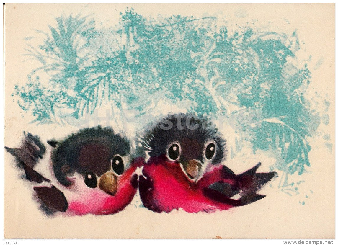 New Year Greeting card by E. Pikk - Bullfinch - birds - 1965 - Estonia USSR - used - JH Postcards