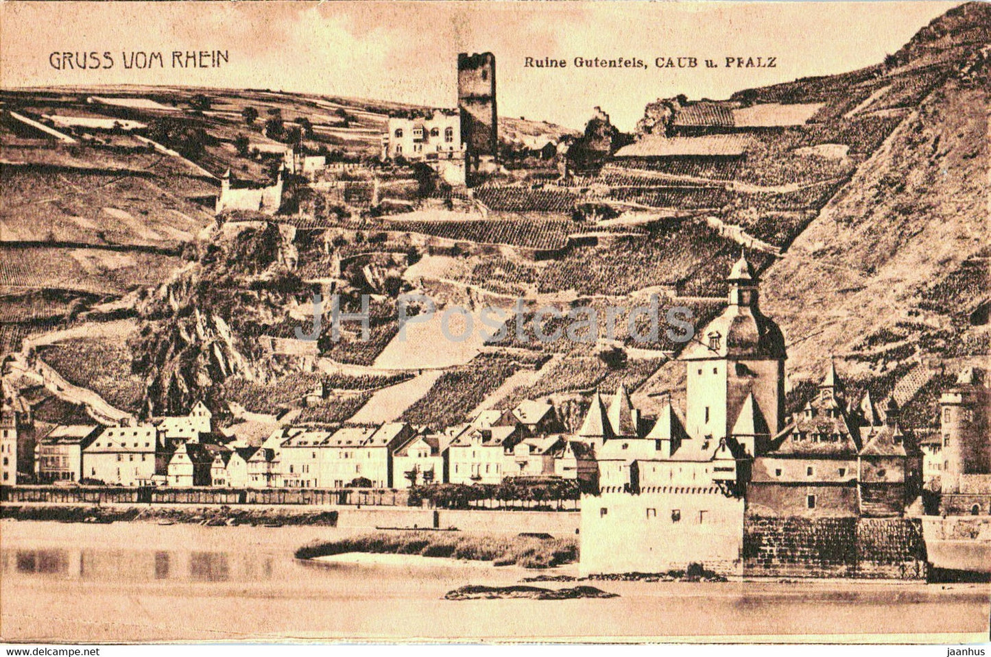 Gruss vom Rhein - Ruine Gutenfels - Caub u Pfalz - old postcard - Germany - unused - JH Postcards