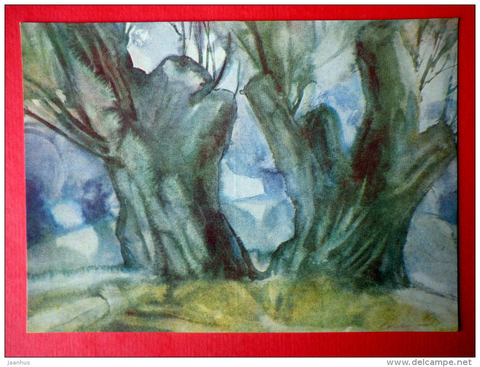 painting by Dz. Ezergaile - Willows in Mazsalacas . 1964 - aquarelle - latvian art - unused - JH Postcards