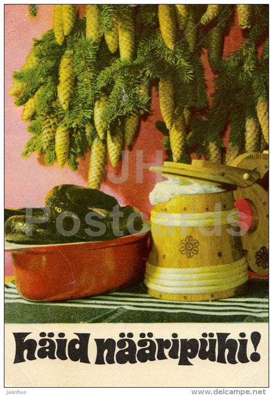 New Year Greeting card - Blood Pudding - Beer Mug - 1971 - Estonia USSR - used - JH Postcards