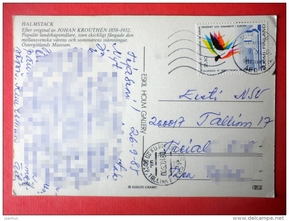 painting by Johan Krouthen - Haystack - windmill - 4818-5 - Sweden - sent from Finland Turku to Estonia USSR 1985 - JH Postcards