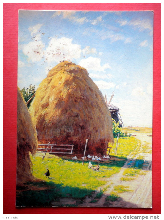 painting by Johan Krouthen - Haystack - windmill - 4818-5 - Sweden - sent from Finland Turku to Estonia USSR 1985 - JH Postcards