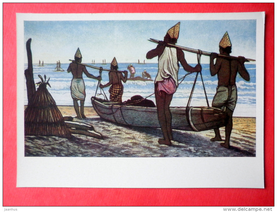 painting by Haren Das - Go to Sea - boat - contemporary art - art of india - unused - JH Postcards