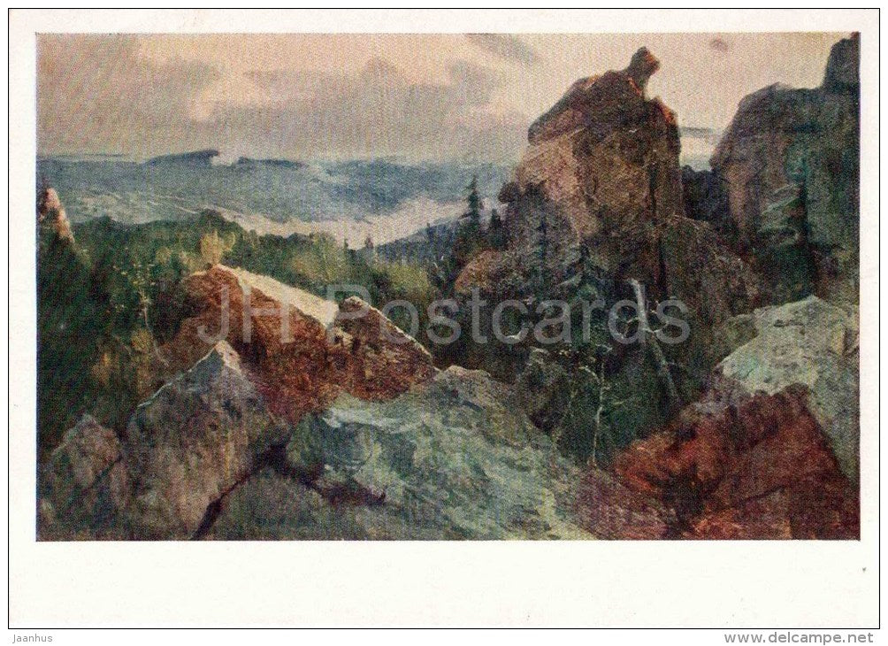 painting by A. Zausaev - Ural , 1959 - rocks - russian art - unused - JH Postcards