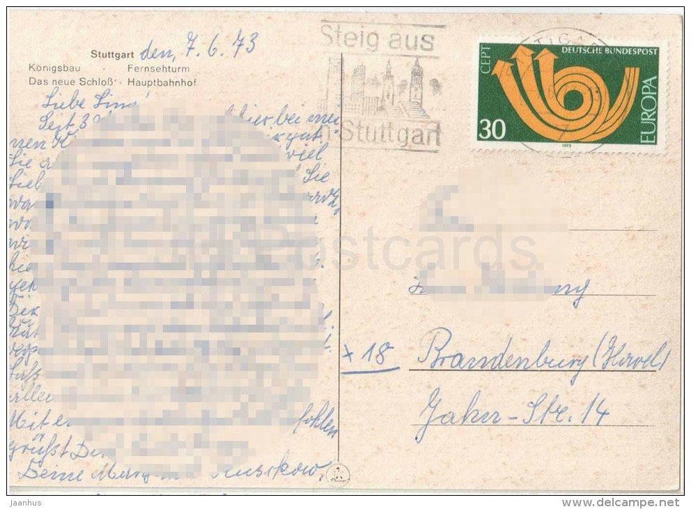 Gruss aus Stuttgart - Königsbau - Fernsehturm - Das neue Schloss - Hauptbahnhof - EUROPA - Germany - 1973 gelaufen - JH Postcards