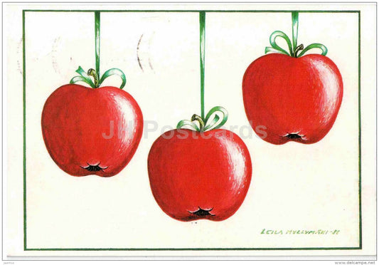 illustration by Leila Myllymäki - red apples - buckthorn stamp - Finland - circulated in 1992 - JH Postcards