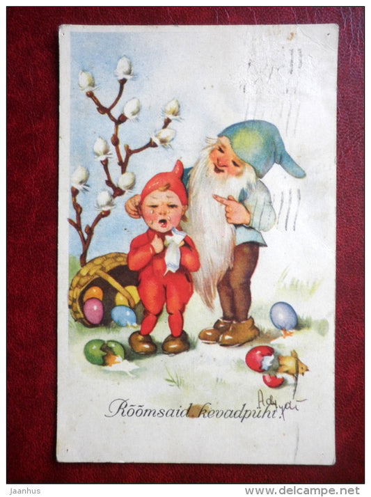 Easter Greeting Card - dwarfs - eggs - MH - circulated in 1939 in Estonia - used - JH Postcards