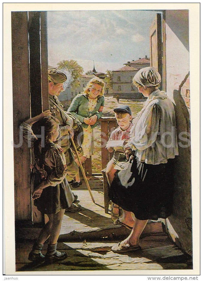painting by A. Laktionov - Letter from the front , 1947 - children - family - Russian art - 1974 - Russia USSR - unused - JH Postcards
