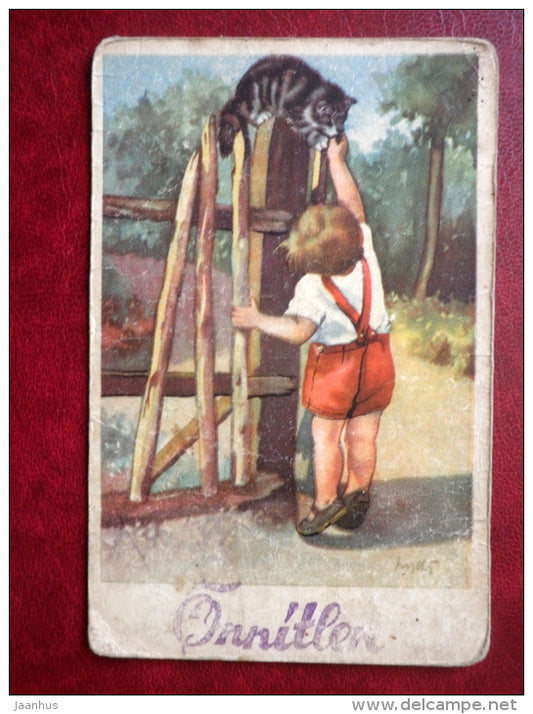 Birthday Greeting Card - boy and cat - fence - IL - old postcard - Estonia - used - JH Postcards