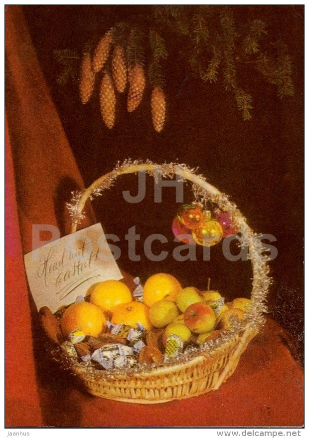 New Year Greeting card - 1 - apples - cones - candies - 1971 - Estonia USSR - used - JH Postcards