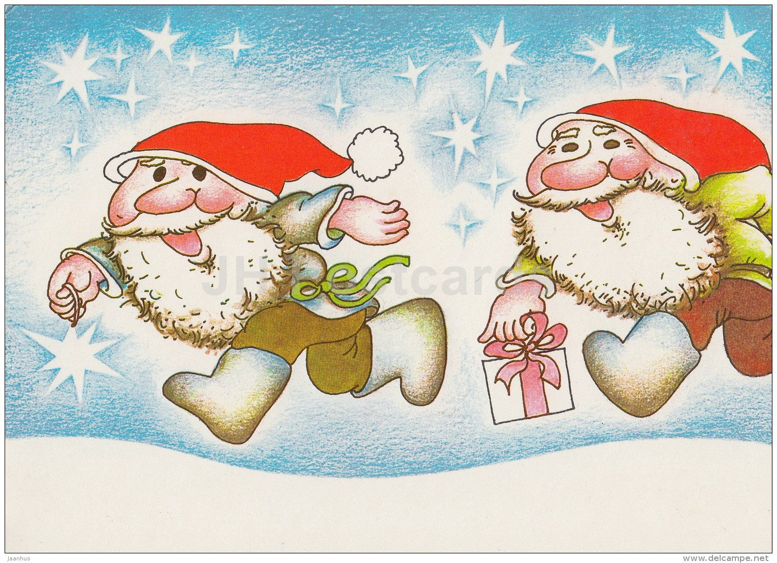 New Year Greeting card by Ü. Meister - dwarf - bell - gift - 1988 - Estonia USSR - used - JH Postcards