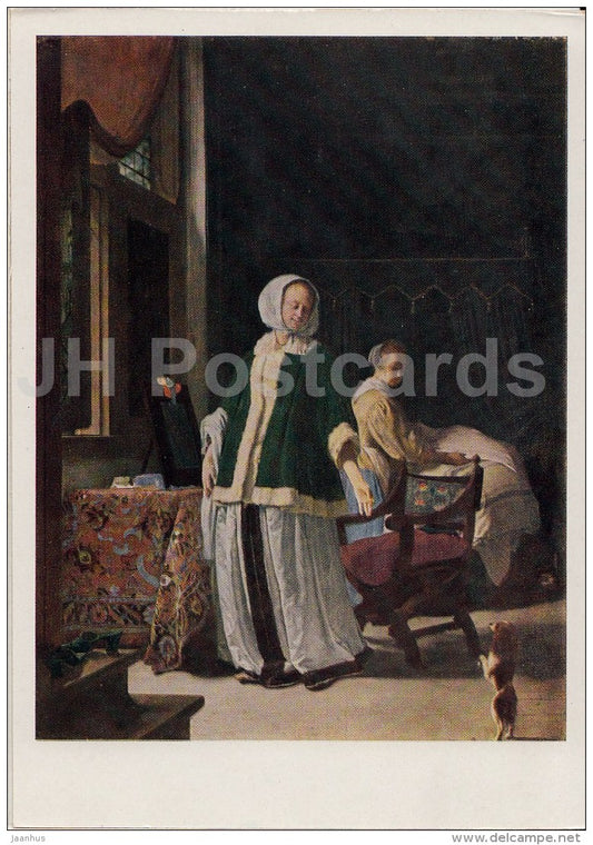 painting  by Frans van Mieris the Elder - Morning of Young Woman - dog - Dutch art - 1963 - Russia USSR - unused - JH Postcards